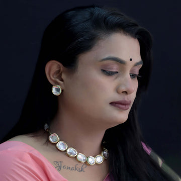 Janaksh kundan neckline and ear stud set with backside Jaipuri meenakari work
