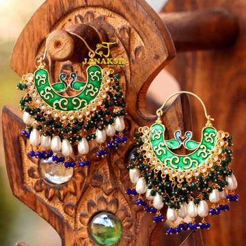 Janaksh peacock Chand bali earrings with meenakari and heavy loreal work