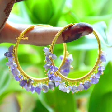Janaksh Handcrafted brass and gold plated hoop earrings with semiprecious uncut gemstone Loreals