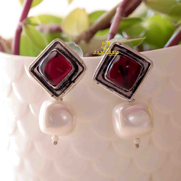 Janaksh Party Wear Handcrafted Semiprecious Monalisa Stone Oxidized Silver Plated Ear Studs with Shell Pearl Drop