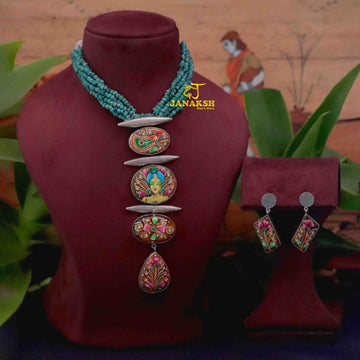 Janaksh semiprecious onyx gemstone work statement jaipuri tanjore work oxidised statement necklace set with earrings