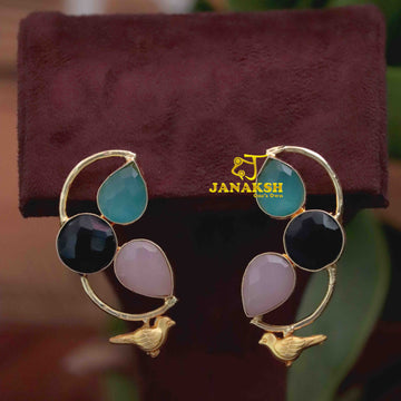 Janaksh semiprecious monalisa stone handcrafted gold plated bird earrings
