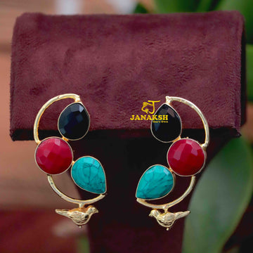 Janaksh semiprecious monalisa stone handcrafted gold plated bird earrings