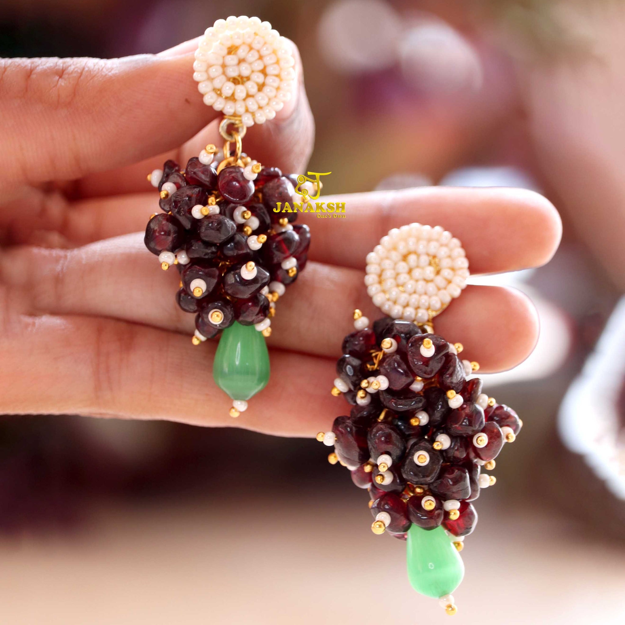 Janaksh uncut semiprecious gemstone raspberry design gold plated earrings