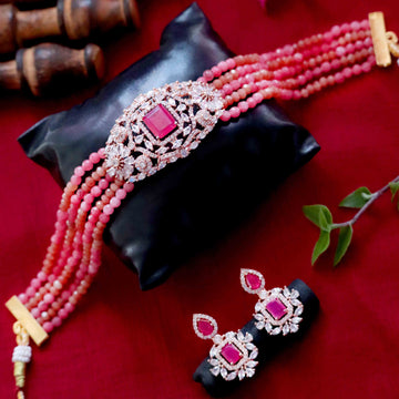 Janaksh AD / cubic zirconia choker necklace with semiprecious onyx gemstone beads