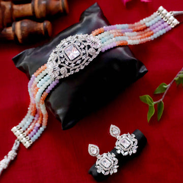 Janaksh AD / cubic zirconia choker necklace with semiprecious onyx gemstone beads