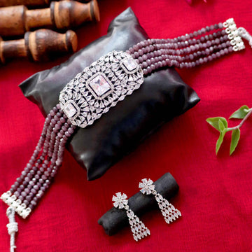 Janaksh AD Chokar necklace earrings set with semiprecious onyx stone beads with silver plating
