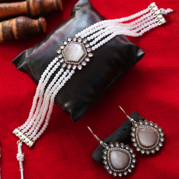 Janaksh AD and kundan work Victorian style chokar necklace set with semiprecious onyx beads
