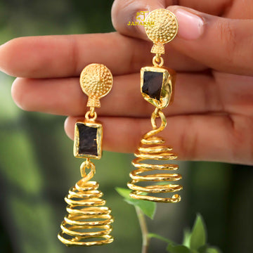 Janaksh raw & uncut semiprecious stone statement spiral goldplated brass earrings