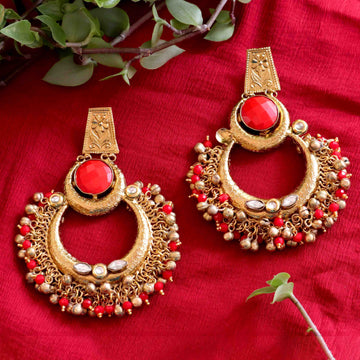 Janaksh Antique Golden Handcrafted Chandbali Earrings with Heavy Loreal Work