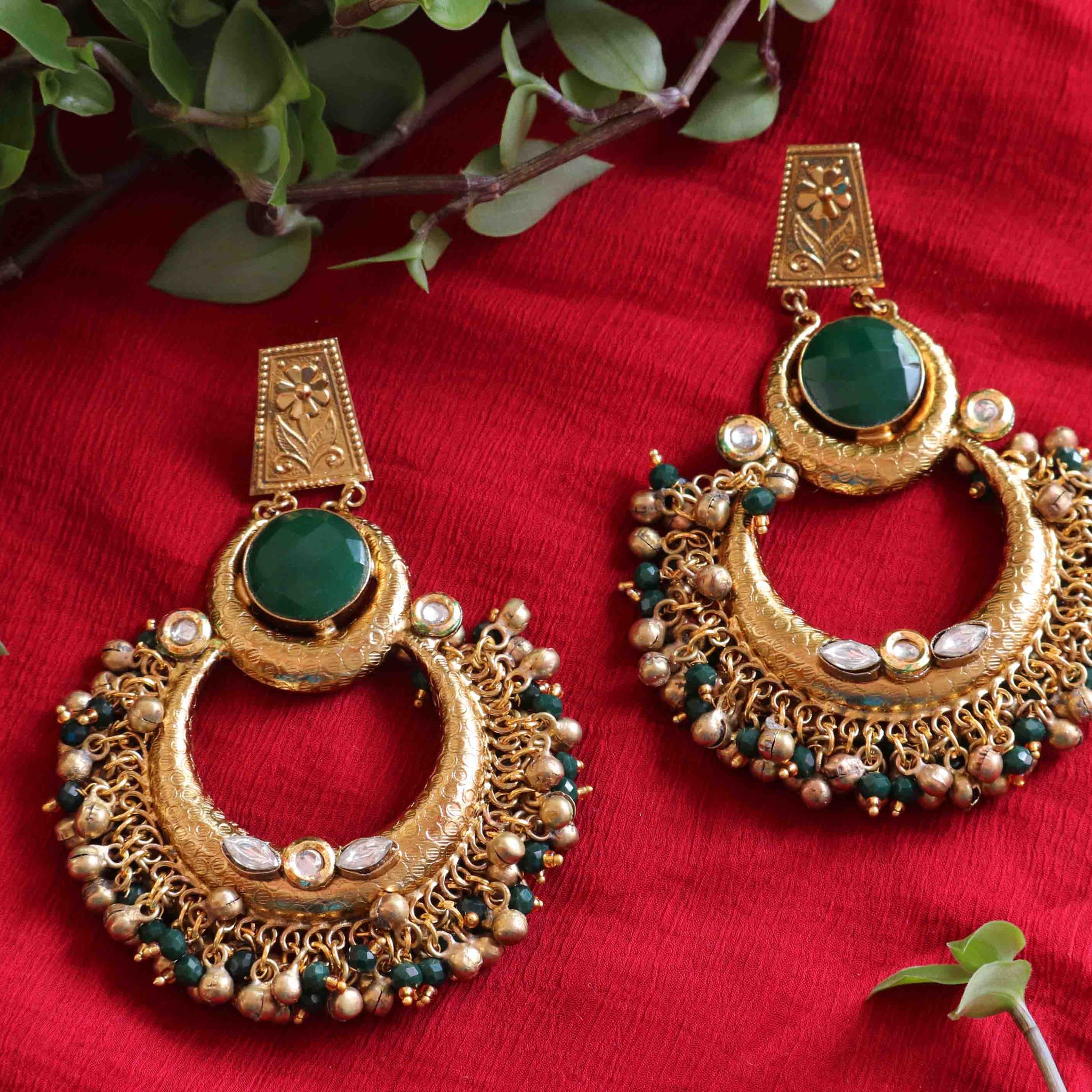 Janaksh Antique Golden Handcrafted Chandbali Earrings with Heavy Loreal Work