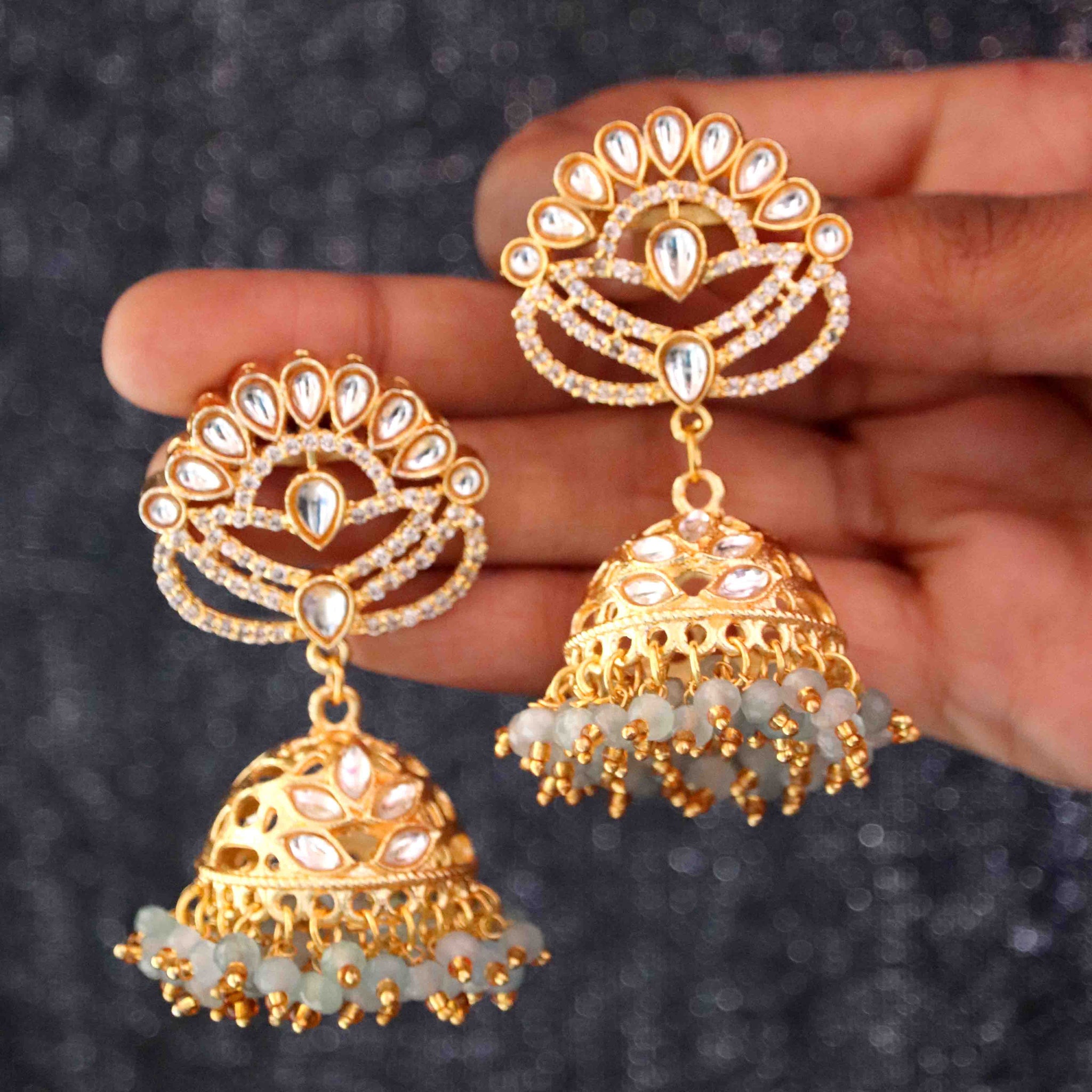 Elegant Onyx Stone Lorel Work Brass Jhumka Earrings with Kundan for Ethnic & Royal Look