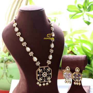 Long Queen Necklace with Polki Kundan and Monalisa Stones with filigree work