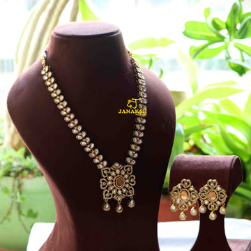 Long Necklace with Polki Kundan | Monalisa Stones  and Filigree Pendant | Perfect for Any Occasion