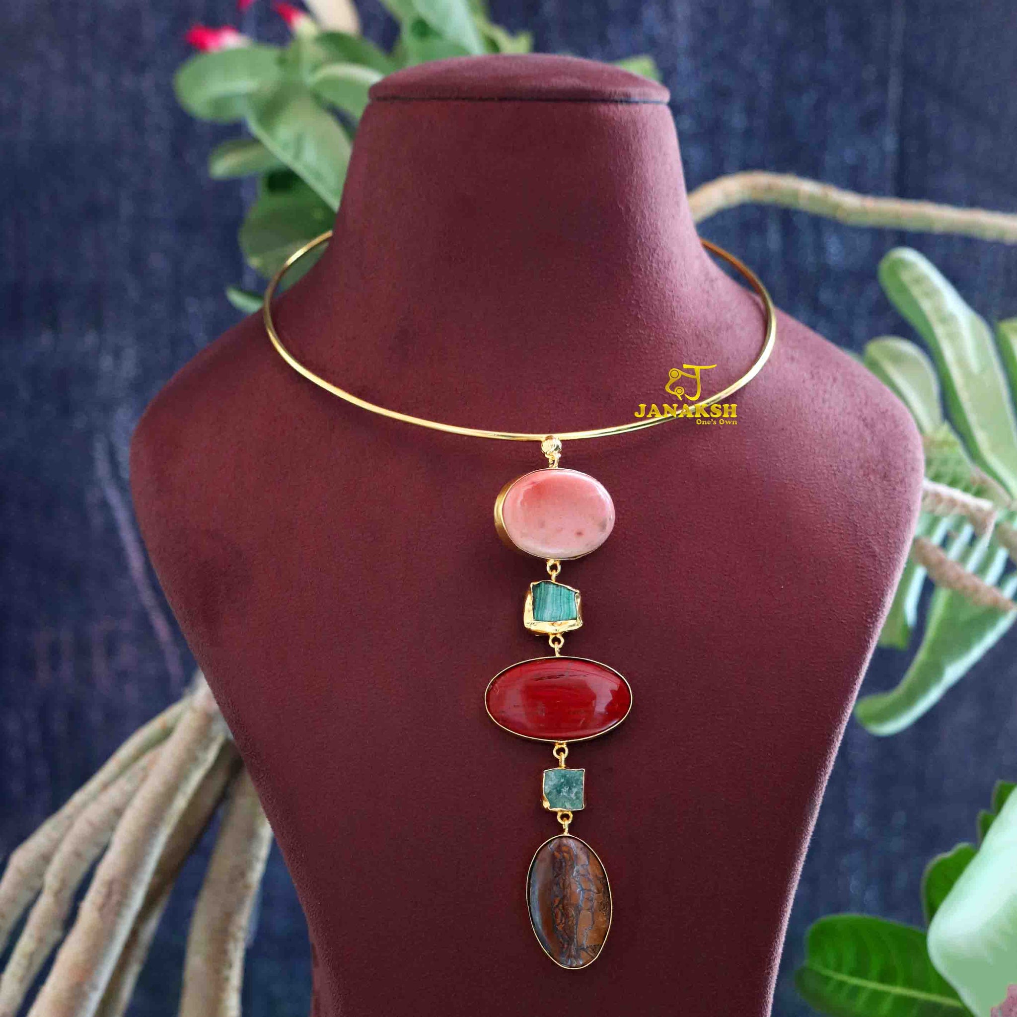 Janaksh brass based semiprecious raw gemstone handcrafted hasuli necklace