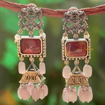 Janaksh dual tone silver replica & semiprecious monalisa stone jhumki earrings