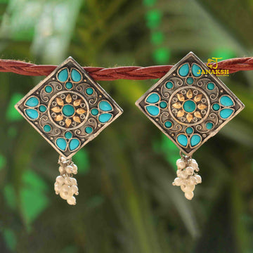 Janaksh antique silver and gold plated ( Dual tone) semiprecious big size brass ear studs