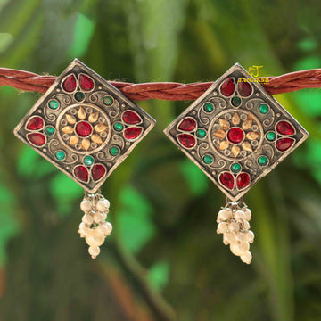 Janaksh antique silver and gold plated ( Dual tone) semiprecious big size brass ear studs