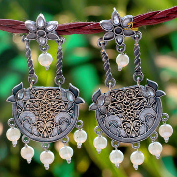 Janaksh dual tone silver look A’like monalisa stone earrings