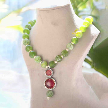 Janaksh semiprecious agate gemstone and real freshwater pearl statement princess necklace