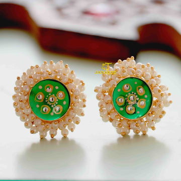 Janaksh handcrafted and semiprecious monalisa stone earstuds with heavy Loreal work and traditional Tanjore painting work