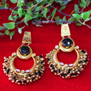 Janaksh Antique Golden Handcrafted Chandbali Earrings with Heavy Loreal Work