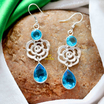 Silver Polish Hydro Stone Flower Design Hoop Earrings