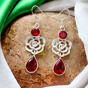 Silver Polish Hydro Stone Flower Design Hoop Earrings