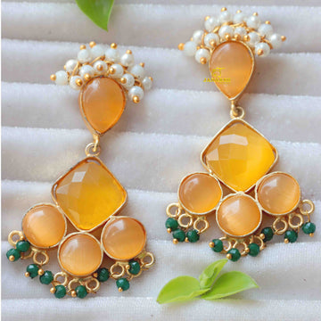 Janaksh semiprecious monalisa stone handcrafted gold plated earrings with loreal work