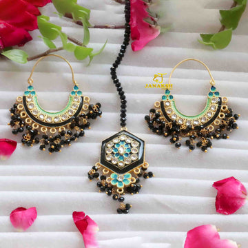 Janaksh mangtika and Chandbali gold plated brass earrings with heavy loreal work