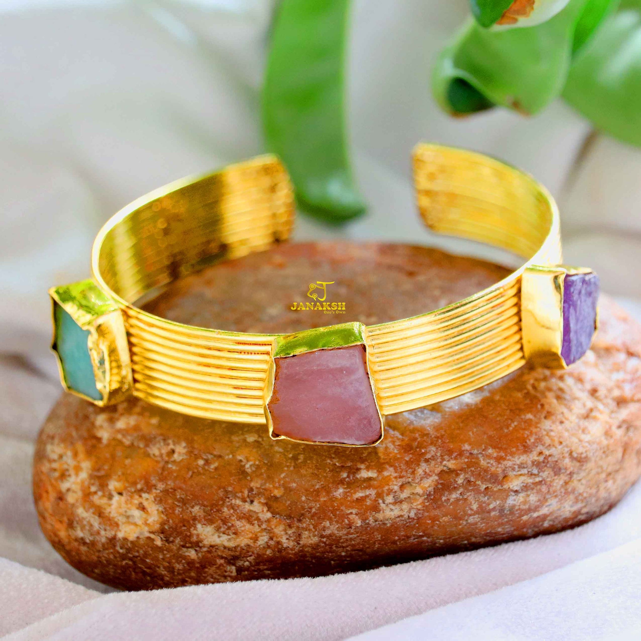 Embrace elegance with our brass-based raw stone bangles and bracelets, finished with a golden polish – a timeless favorite for girls and women alike