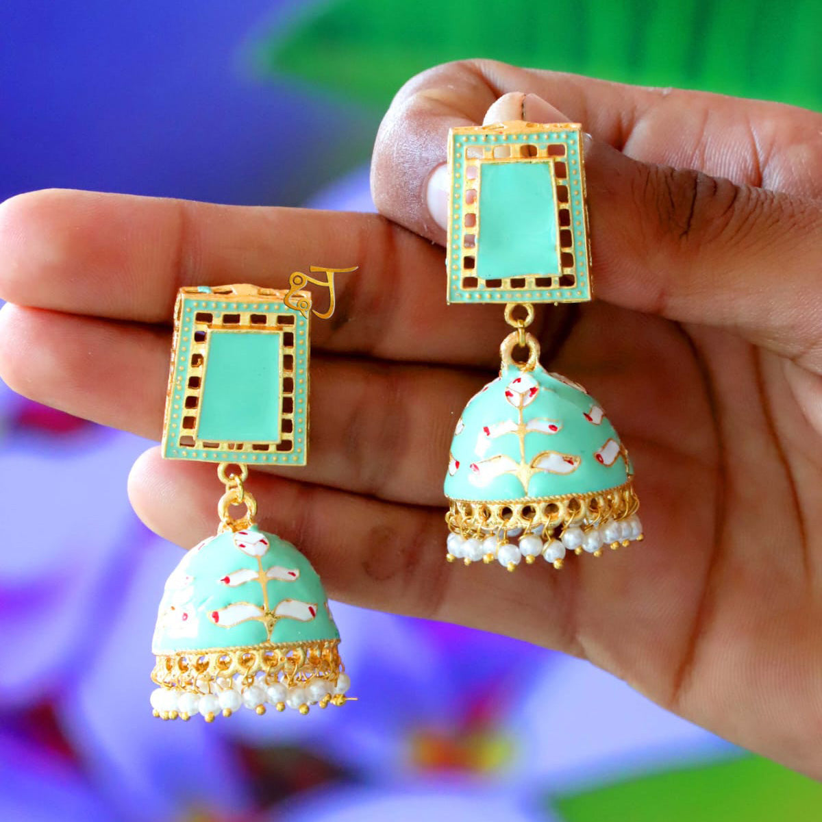 Jaipuri handcrafted Meenakari and L'Oreal work jhumkis