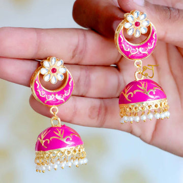 Chandbali design meenakari jhumki earrings with moti work